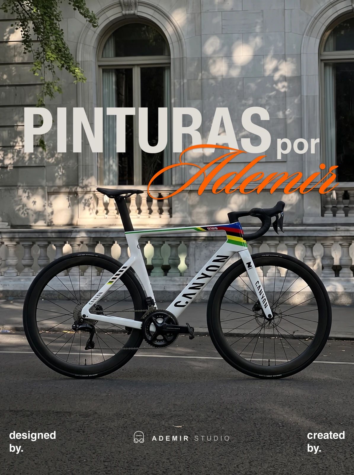 Ademir Studio social artwork featuring a painted Canyon bicycle
