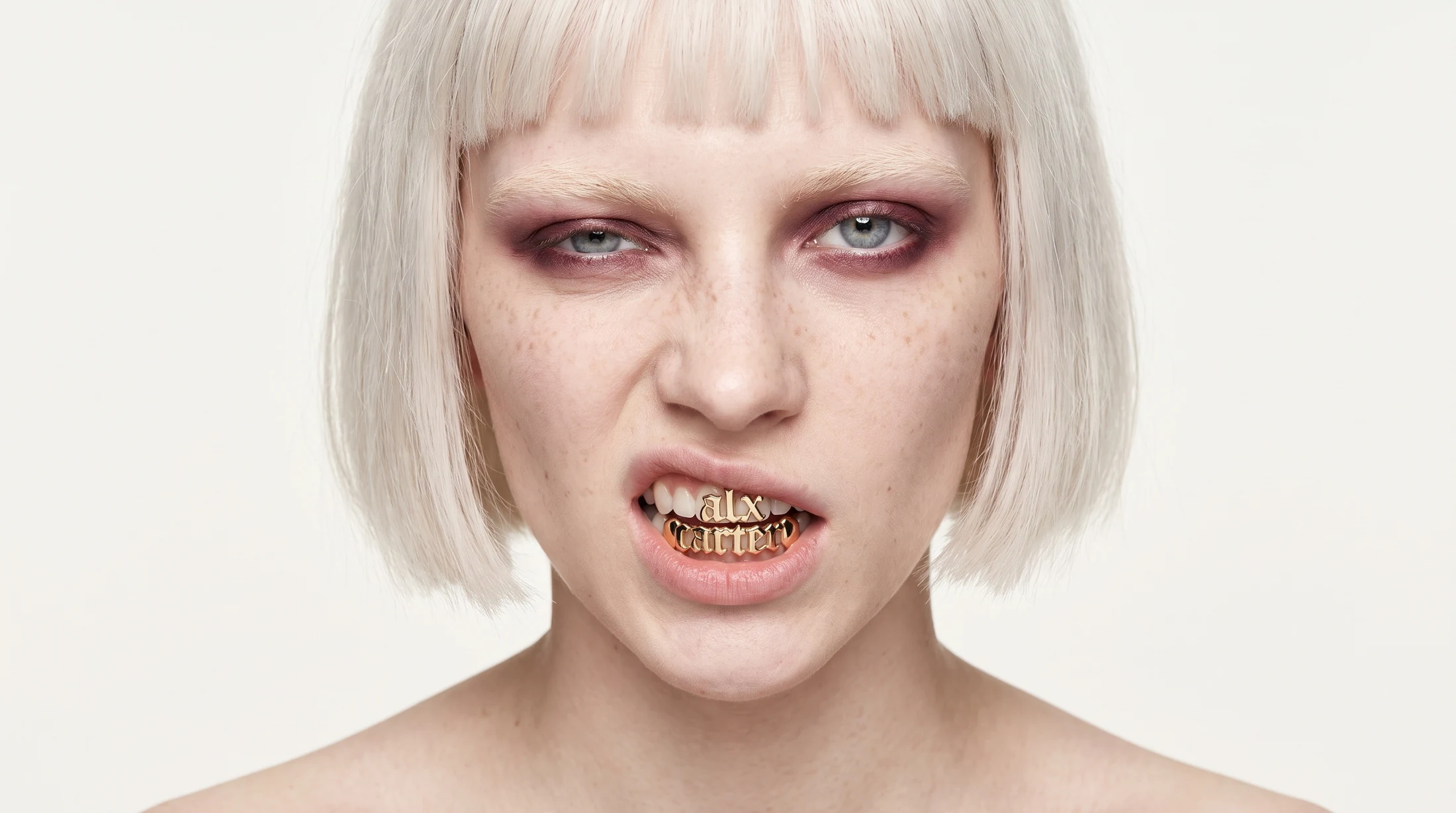 Alx Carter, black and white beauty editorial portrait with gold alx carter grillz
